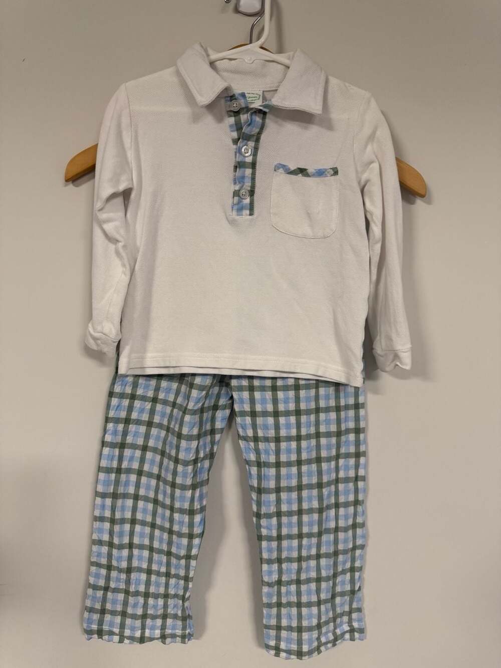 Grace & James Boys 4T White Long Sleeve Polo and Gingham Pant Set
